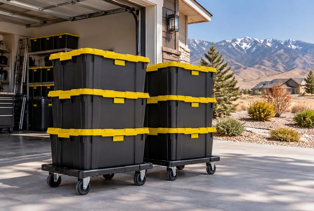 Reusable moving totes stacked on dollies at a Northern Nevada home
